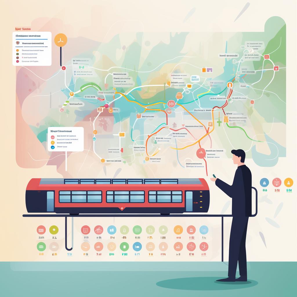 A person planning their route on a map with public transport schedules