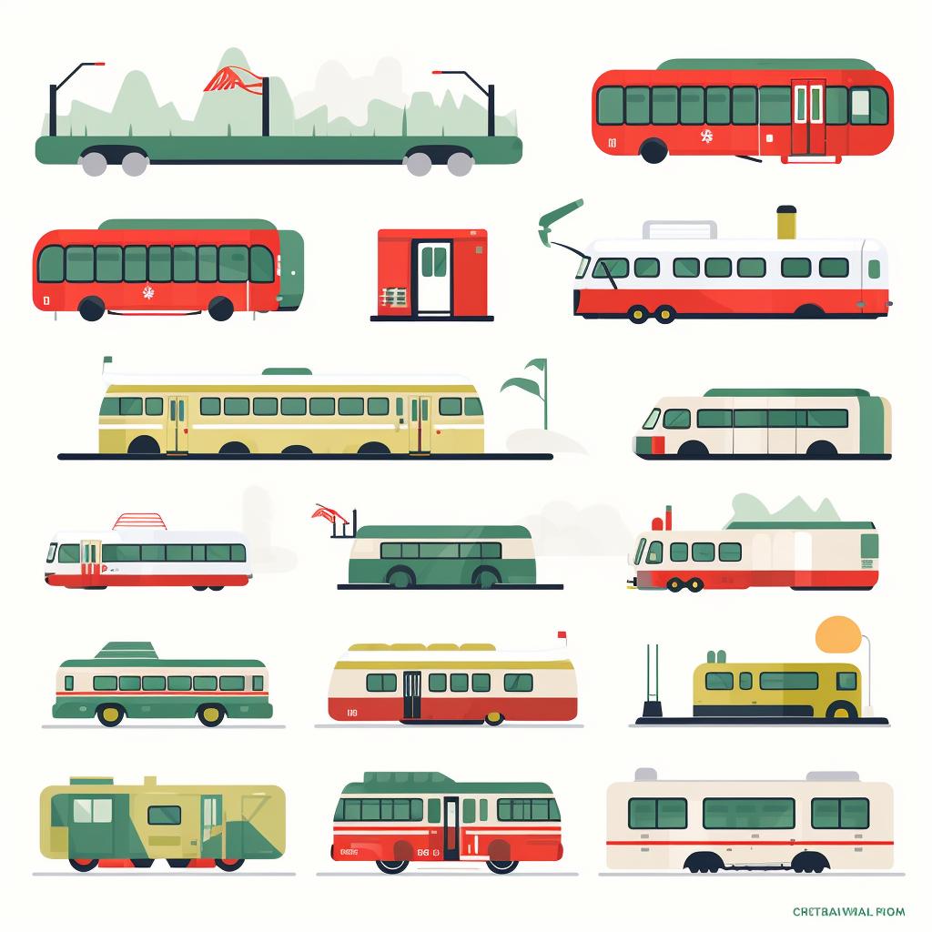 A collage of Canadian public transport vehicles including a bus, tram, ferry, and train